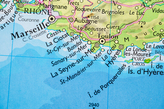Detailed road map of Marseille Toulon and Hyeres coastline in southern France.