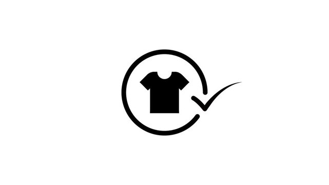 A motion graphic animation of a black t-shirt icon appearing inside a rotating circle with a check mark signifying completion or confirmation on a white background
