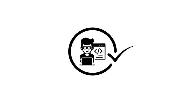 Loading circle with programmer icon and check mark, motion graphics, symbol of completion or success