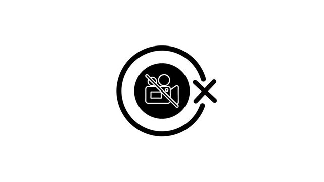 Animated circle icon with prohibited video camera symbol appears on white background