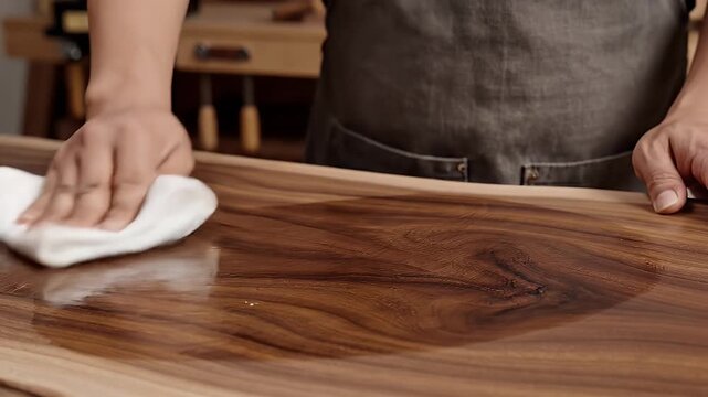 Person polishing a wooden table top with a white cloth.