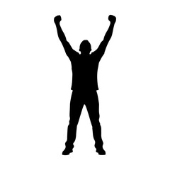 Silhouette of a triumphant person with arms raised in victory.