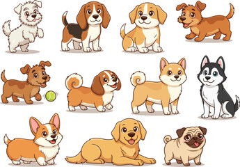 Fototapeta premium Cute Cartoon Dogs Collection Different Dog Breeds Vector Illustration