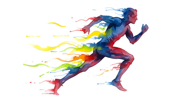 Abstract watercolor illustration of dynamic runner with colorful paint splashes on white background representing speed energy athleticism motion endurance competition and human power