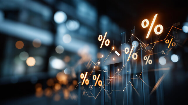 Abstract global interest rates illustration with rising and falling percentage arrows, currency symbols, and financial chart elements, defocused background, monetary policy