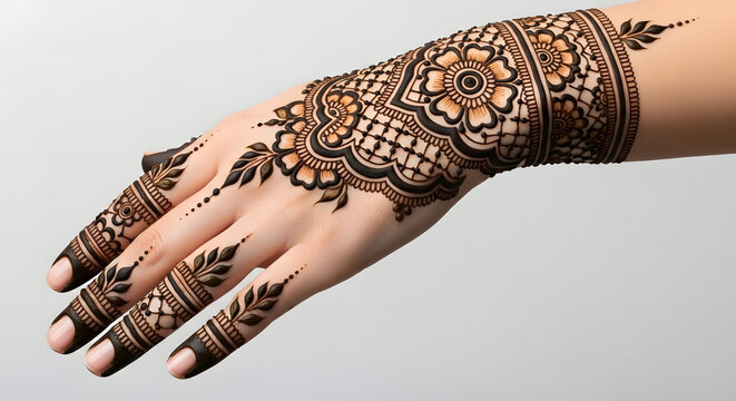 Elegant back hand mehendi with lace effect and circular floral centerpieces extending to fingertips with leaf vines