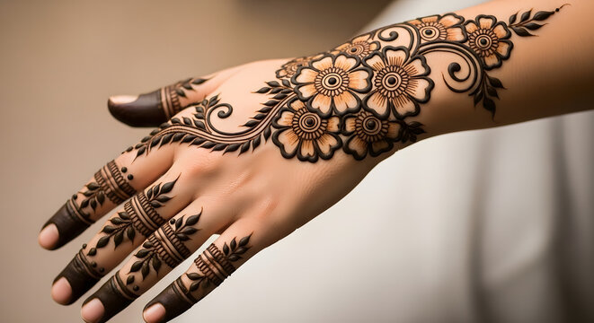 Traditional floral henna design on back of hand and wrist showcasing intricate blooming patterns with delicate leaf accents