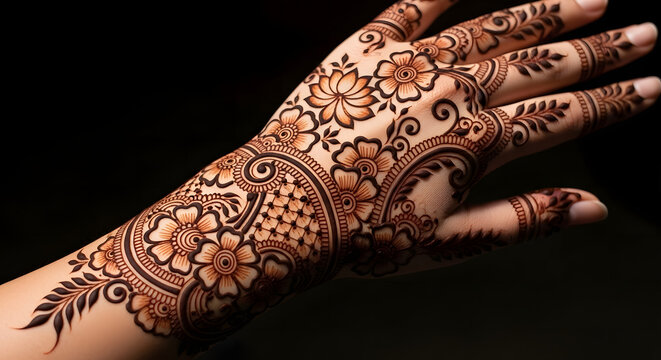 Dense floral mehendi covering full hand and arm with variety of blooming flowers and vine details against dark background