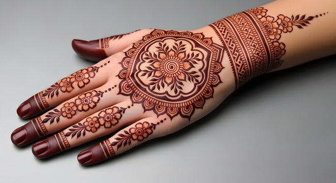 Stunning henna art adorns palm and fingers, showcasing traditional mehndi design on skin