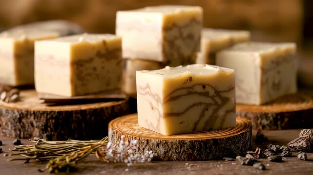 Handmade Marbled Soap Bars Arranged On Wooden Tree Slices With Dried Herbs And Spices