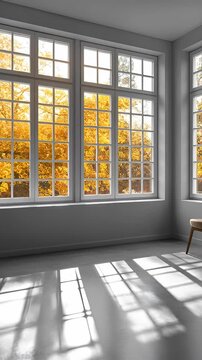 Empty Minimalist Room with Large Windows and Autumn Sunset View, Cozy Interior with Warm Sunlight and Shadows on Floor, Modern Living Space with Chair