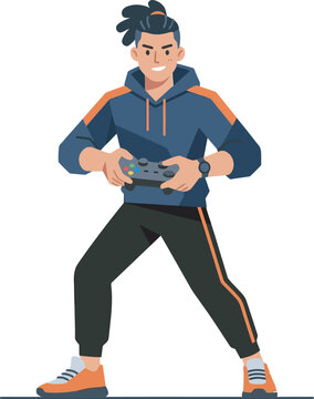 Flat vector illustration of a male gamer in a blue hoodie and orange-accented joggers, holding a game controller. Perfect for esports branding, gaming logos, and streaming channel graphics.
