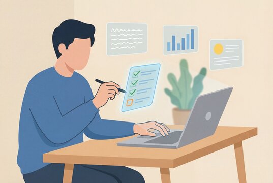 Man working on laptop with documents and plant nearby.