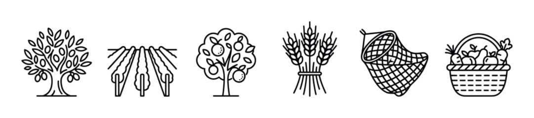 Naklejka premium Set of black line art farming icons showing an olive tree, vineyard, fruit tree, wheat, cornucopia, and a basket of produce, representing agriculture and the harvest season