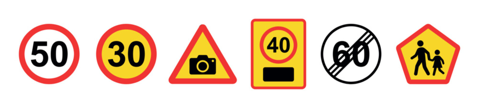 Collection of various road traffic signs including speed limit, end of restriction, camera warning, and school crossing presented as a flat vector icon set