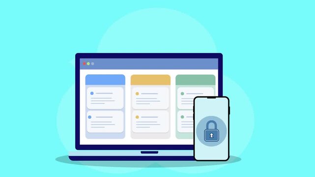 Flat vector animation of laptop displaying dashboard interface panels with smartphone lock icon representing secure data management, digital workspace monitoring, and protected business technology.