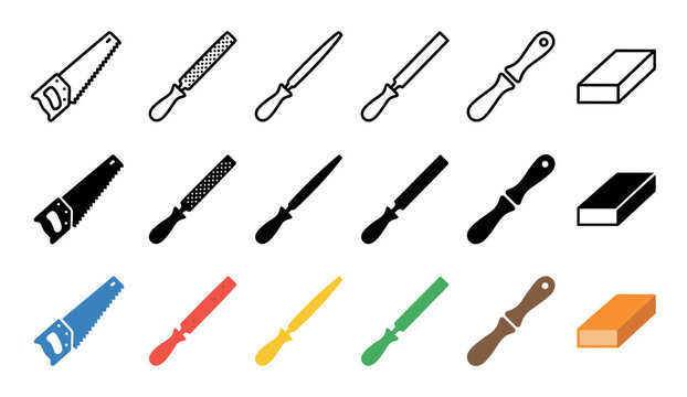 Collection of woodworking hand tool icons including a saw, files, rasps, and a sanding block, shown in three different graphic styles: outline, silhouette, and color