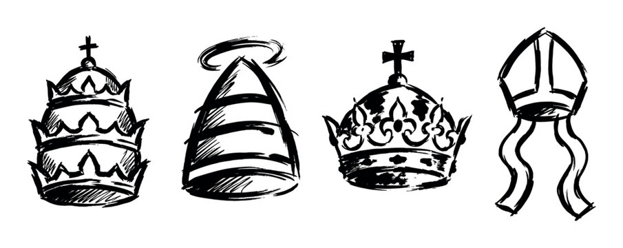 Collection of hand-drawn royal and religious headwear including a papal tiara, monarch's crown, and bishop's mitre, illustrated in a black ink brushstroke sketch style