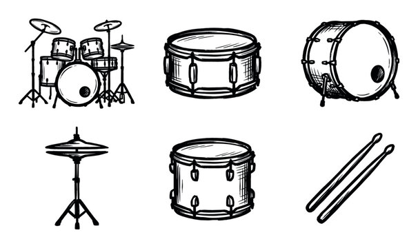 Hand-drawn drum kit illustration set in a black and white sketch style, featuring a full drum set, snare, bass drum, hi-hat cymbal, and a pair of drumsticks for musical themes