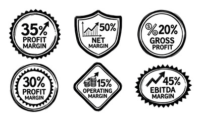 Obraz premium Six black and white hand-drawn financial icons showing various profit margin percentages with a distressed, grunge stamp texture for business performance concepts