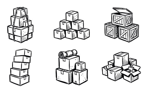 Hand-drawn sketch set of various stacked cardboard boxes and wooden crates for moving or shipping, illustrated in a black and white doodle style with different pile arrangements