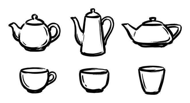 Set of hand-drawn teapots and cups in a black ink brush stroke style, featuring various kitchenware icons for coffee and tea service in a minimalist doodle illustration