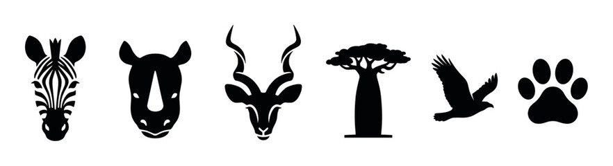 Fototapeta premium Six black graphic icons of savanna wildlife in a minimalist style, featuring a zebra, rhino, kudu antelope, baobab tree, flying eagle, and a large feline paw print