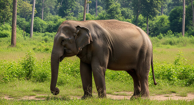 A large elephant standing on a dirt path surrounded by lush green vegetation and tall trees in a forest