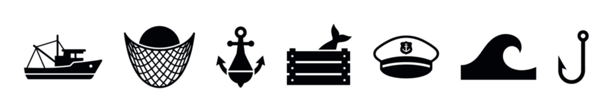 Minimalist set of black fishing icons including a boat, net, anchor, fish crate, captain's hat, wave, and hook, presented as simple glyphs for nautical or marine themes
