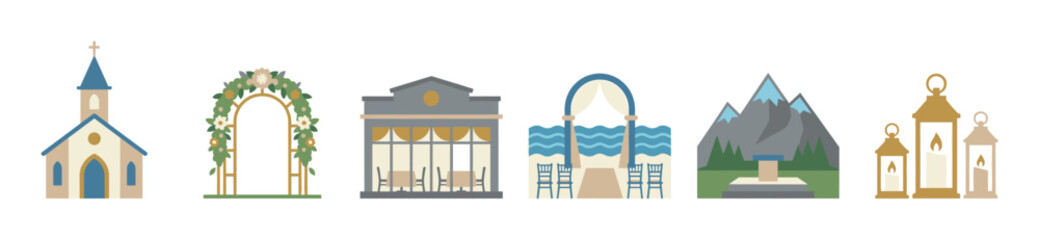 Obraz premium Set of flat wedding venue icons including a church, floral arch, restaurant, beach ceremony, mountain location, and decorative lanterns for event planning illustrations