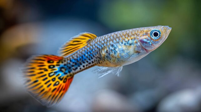 Guppy fish swims gracefully in bright, clean aquarium light