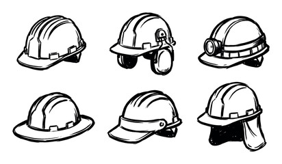 Six different industrial safety hard hats hand-drawn in a black and white ink sketch style, including a helmet with earmuffs, a miner's lamp, a full brim, and a neck shade © David