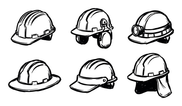 Six different industrial safety hard hats hand-drawn in a black and white ink sketch style, including a helmet with earmuffs, a miner's lamp, a full brim, and a neck shade