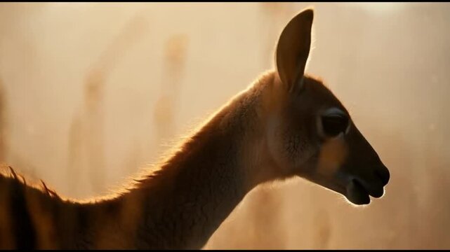 Majestic vicuna standing in a golden meadow at sunset with warm sunlight highlighting its fleece against a soft mountain background