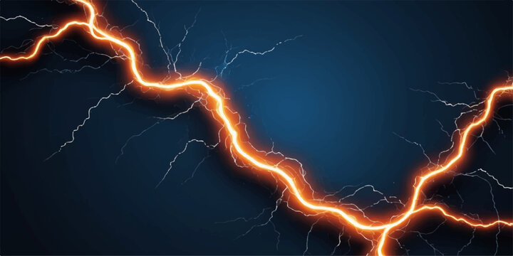 A powerful blue lightning bolt strikes through the dark night sky during a dangerous electrical thunderstorm, flashing a sudden burst of energy and nature's raw electricity