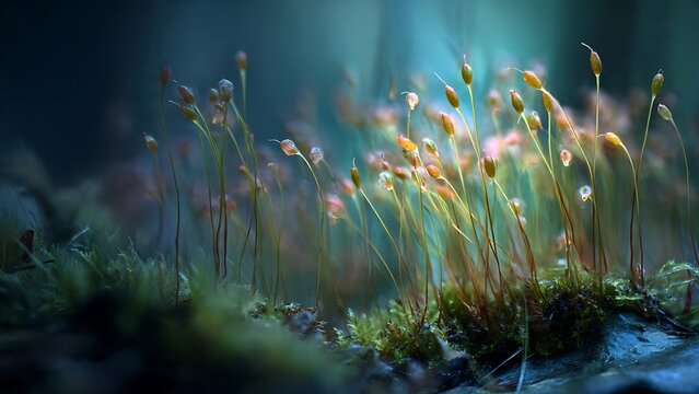 Close up macro of moss sporophytes releasing delicate spores in soft forest light environment