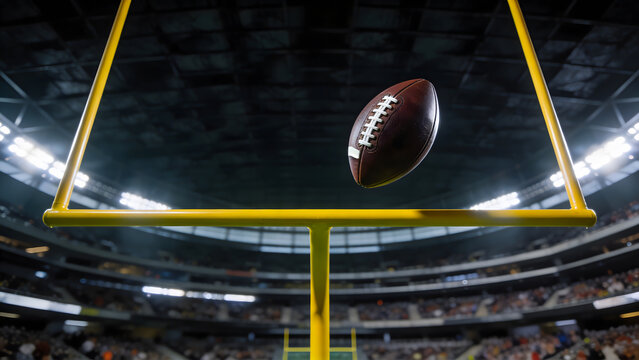 Close up of american football ball flying through yellow goal posts in large stadium during game with bright floodlights and blurred crowd in background for sports score concept image