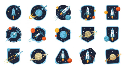 Collection of cartoon space rockets and planets icons. © Mila