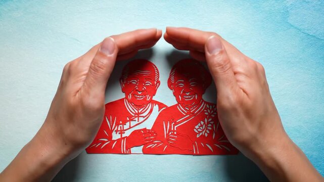 Hands protecting red paper-cut elderly couple on blue background