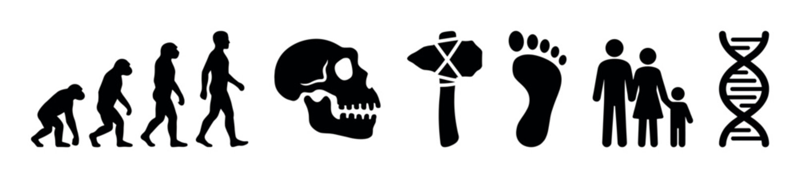Set of black human evolution icons showing the march of progress, a skull, stone axe, footprint, family pictogram, and DNA helix representing anthropology and science