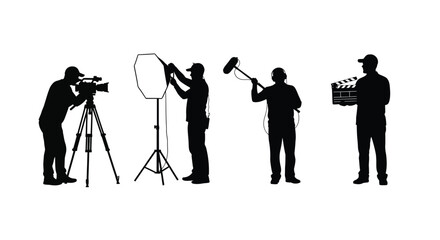 Film crew operating equipment including camera light and sound silhouette © SAKINA