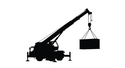 Black silhouette of a mobile construction crane lifting a heavy load © SAKINA