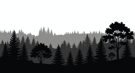 Layered forest scene with dark trees against a hazy background silhouette © SAKINA