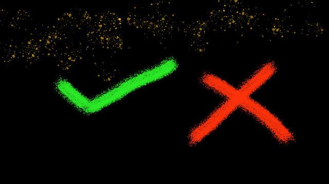 Green checkmark and red cross on black background with golden dust