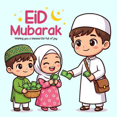 Happy Eid Mubarak celebration with joyful Muslim kids exchanging gifts