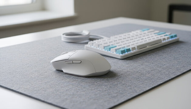 White wireless mouse and sleek keyboard on grey desk, modern office setup, minimalist workspace, high-tech computer accessories