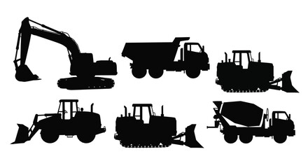 Construction equipment collection in stark black silhouettes © SAKINA