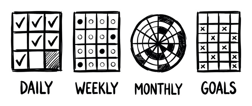 Set of hand-drawn habit tracker illustrations for daily, weekly, and monthly planning with goal-setting charts in a simple black and white doodle style