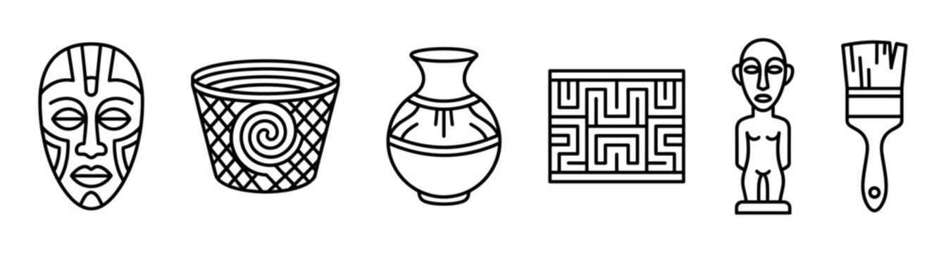 Set of six black line art icons depicting tribal cultural artifacts including a mask, woven basket, pottery, figurine, geometric ornament, and a paintbrush for crafts