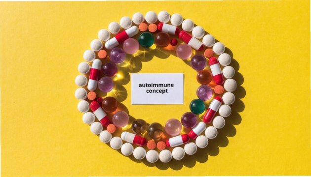 Medical Pills and Capsules Arranged in a Circle on a Bright Yellow Background